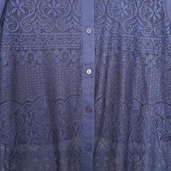 The Line of Style Navy Blue Mesh Lace Pattern Unique Design Long Blouse Size S - Picture 13 of 15